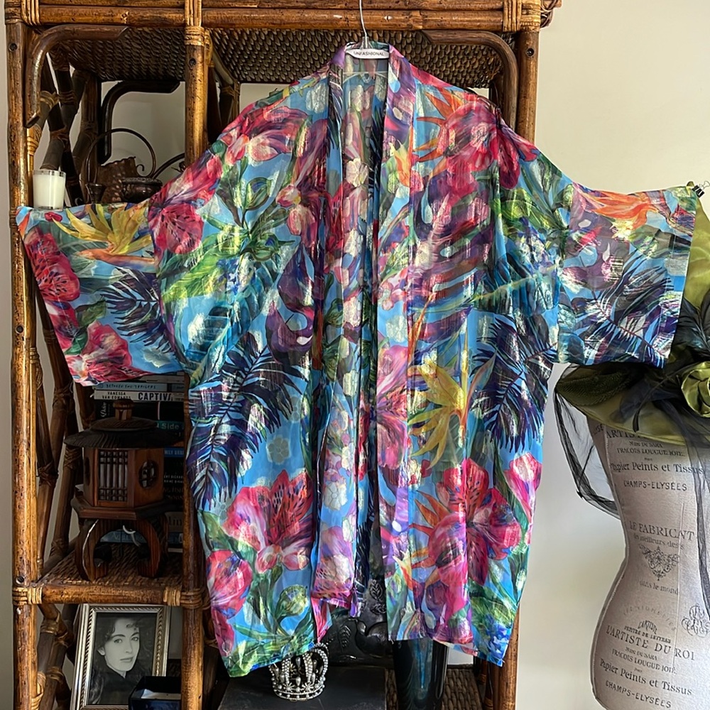 UNFASHIONAL Metallic Colorful Women’s Floral Tropical Kimono Robe Top Sz…